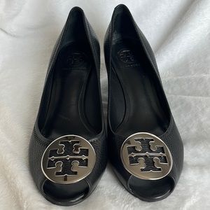 Tory Burch Black Peep Toe Wedges, Size 9.5 M, Excellent Used Condition